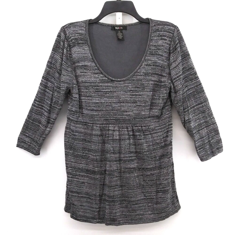 Style & Co Blouse Womens Size XL Gray Silver Metallic Thread Scoop Neck Top